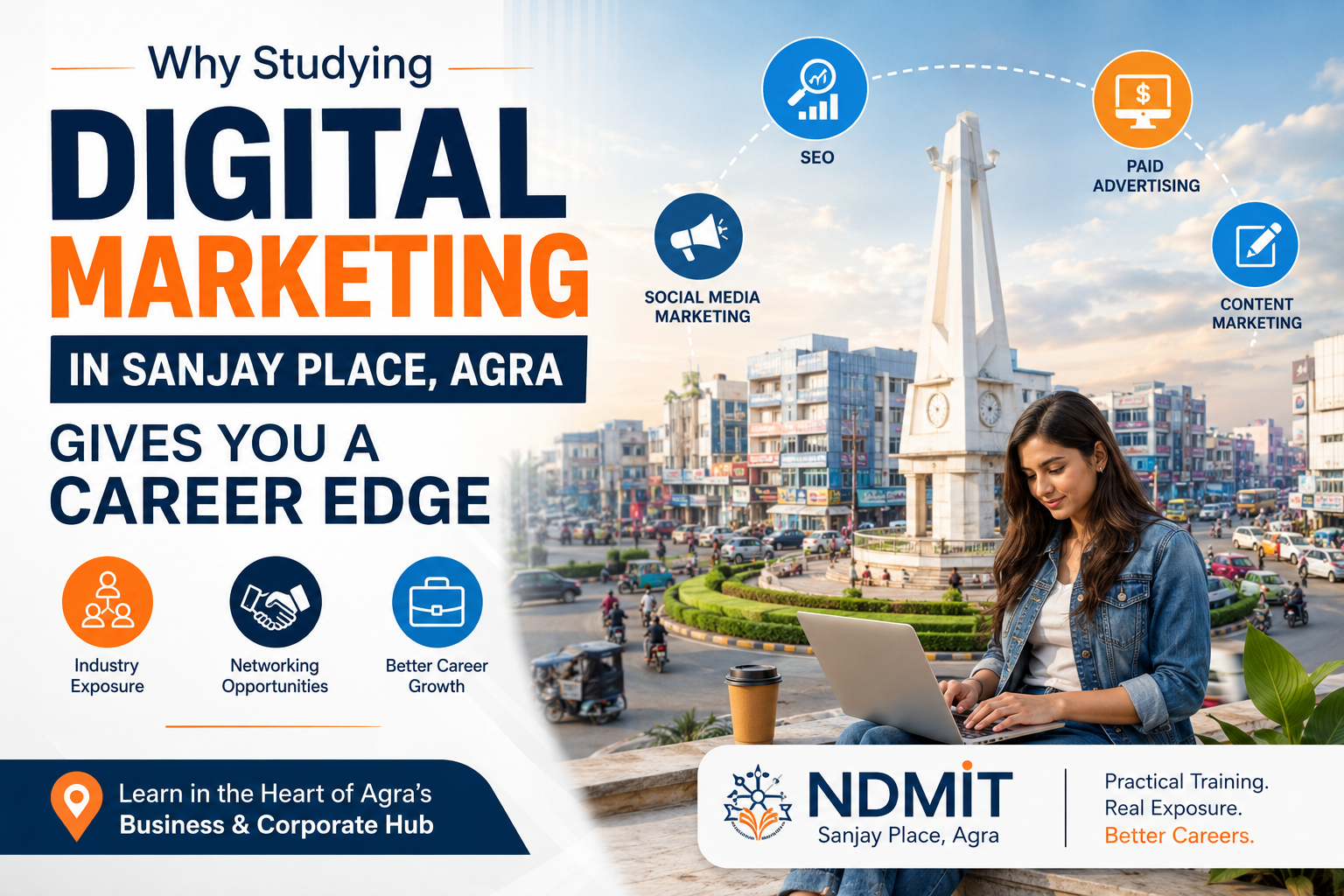Route map showing how to reach NDMIT digital marketing institute in Sanjay Place, Agra